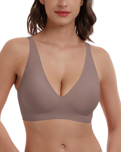 HORISUN Full Coverage Bra V Neck Seamless Wireless Push Up Bras for Women(Coffee XL)